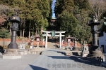 志波彦神社・鹽竈神社 表参道側の大鳥居と立派で重厚感のある灯籠の様子