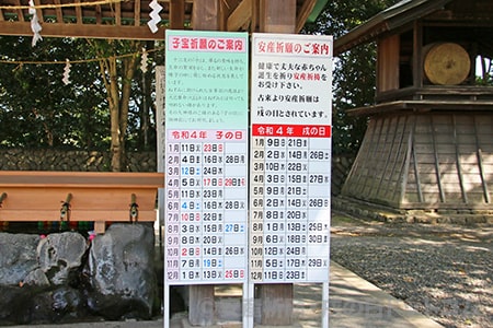 砥鹿神社 子宝祈願と安産祈願の案内看板の様子