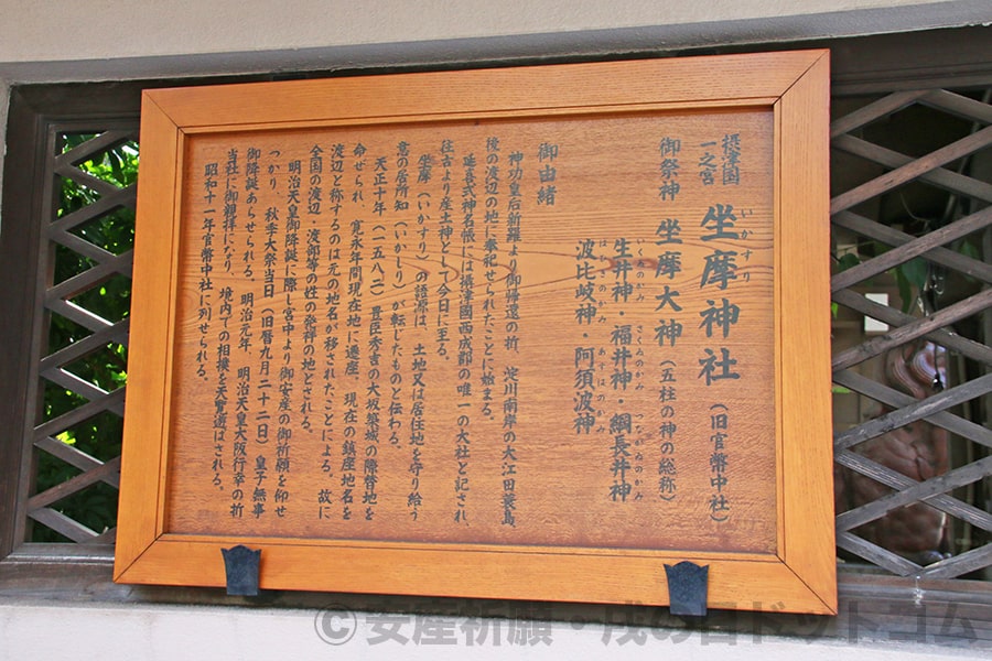 坐摩神社 御祭神・御由緒に関する案内掲示の様子