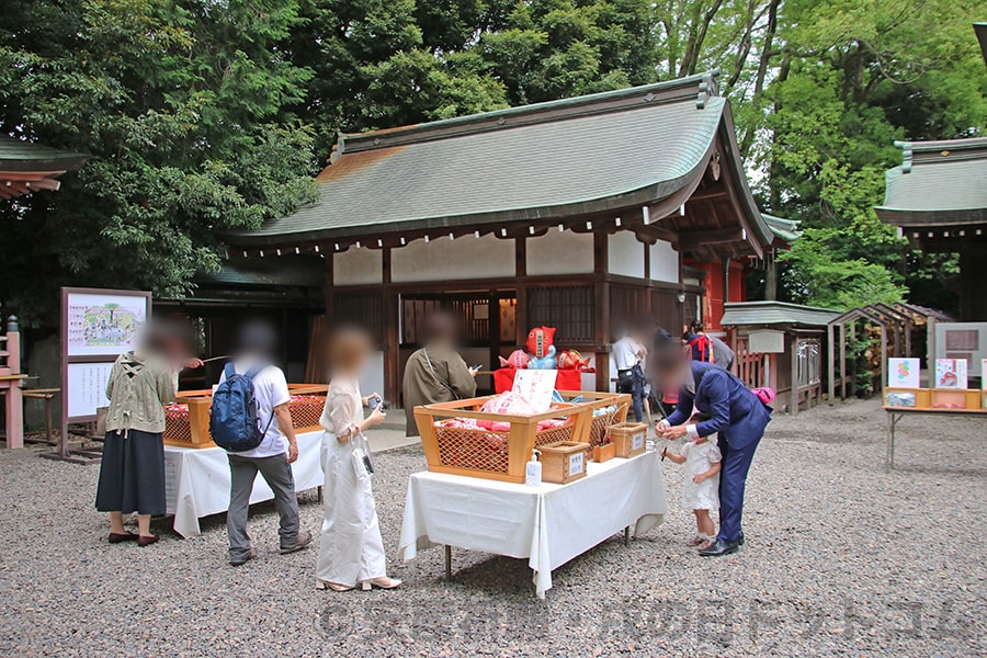 川越氷川神社 拝殿手前にある様々なおみくじの様子