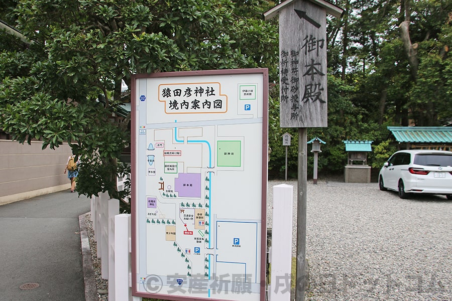 猿田彦神社 御本殿への案内看板の様子