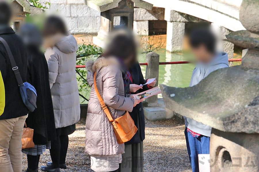 寒い冬の戌の日に境内の安産スポットを回る妊婦ママとそのご家族の様子（住吉大社）